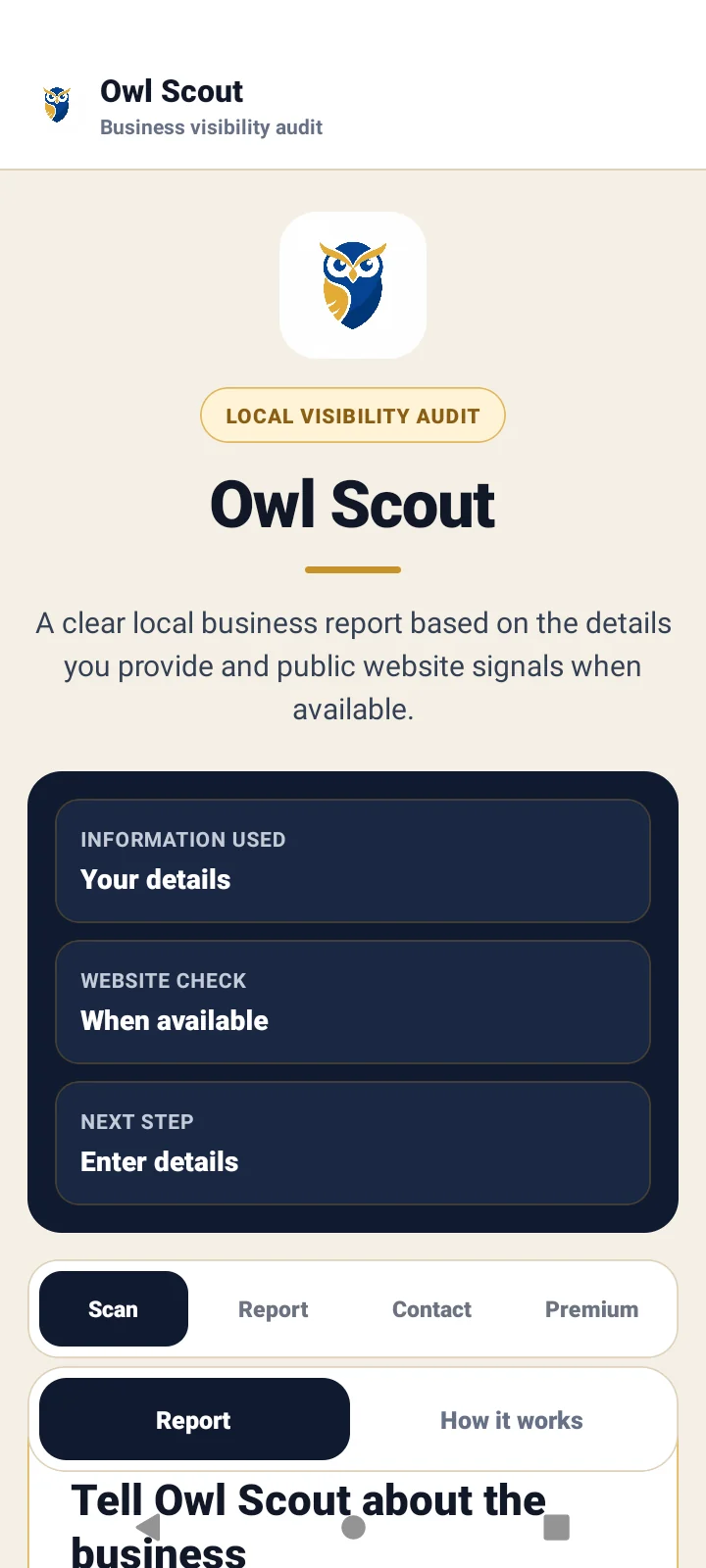 Owl Scout Android app business scan start screen