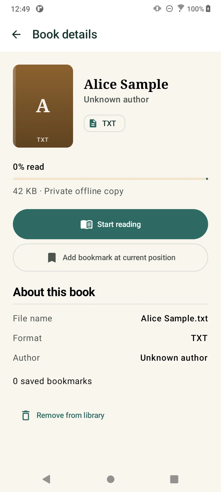 TReader book details screen with a private offline copy and bookmark action