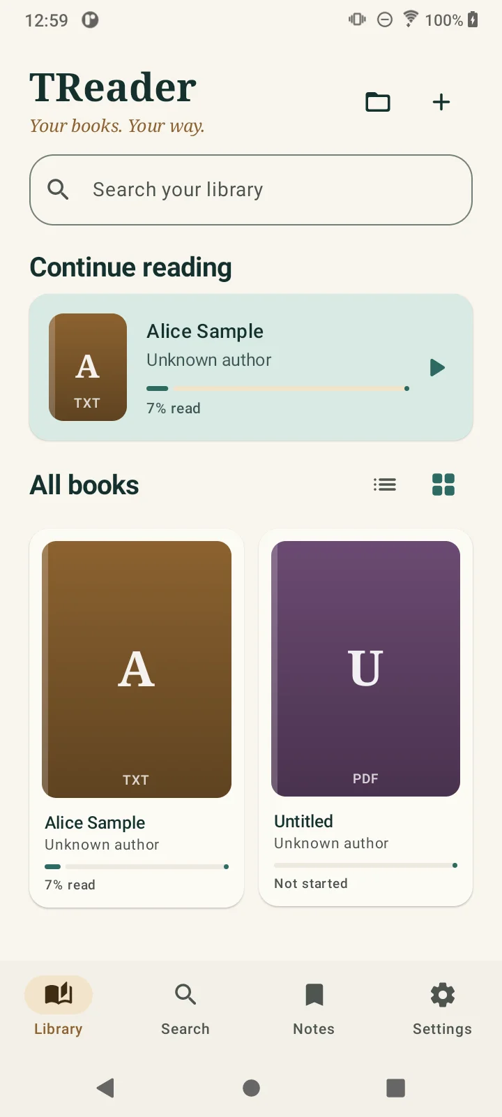 TReader library showing a Continue reading card and local book grid