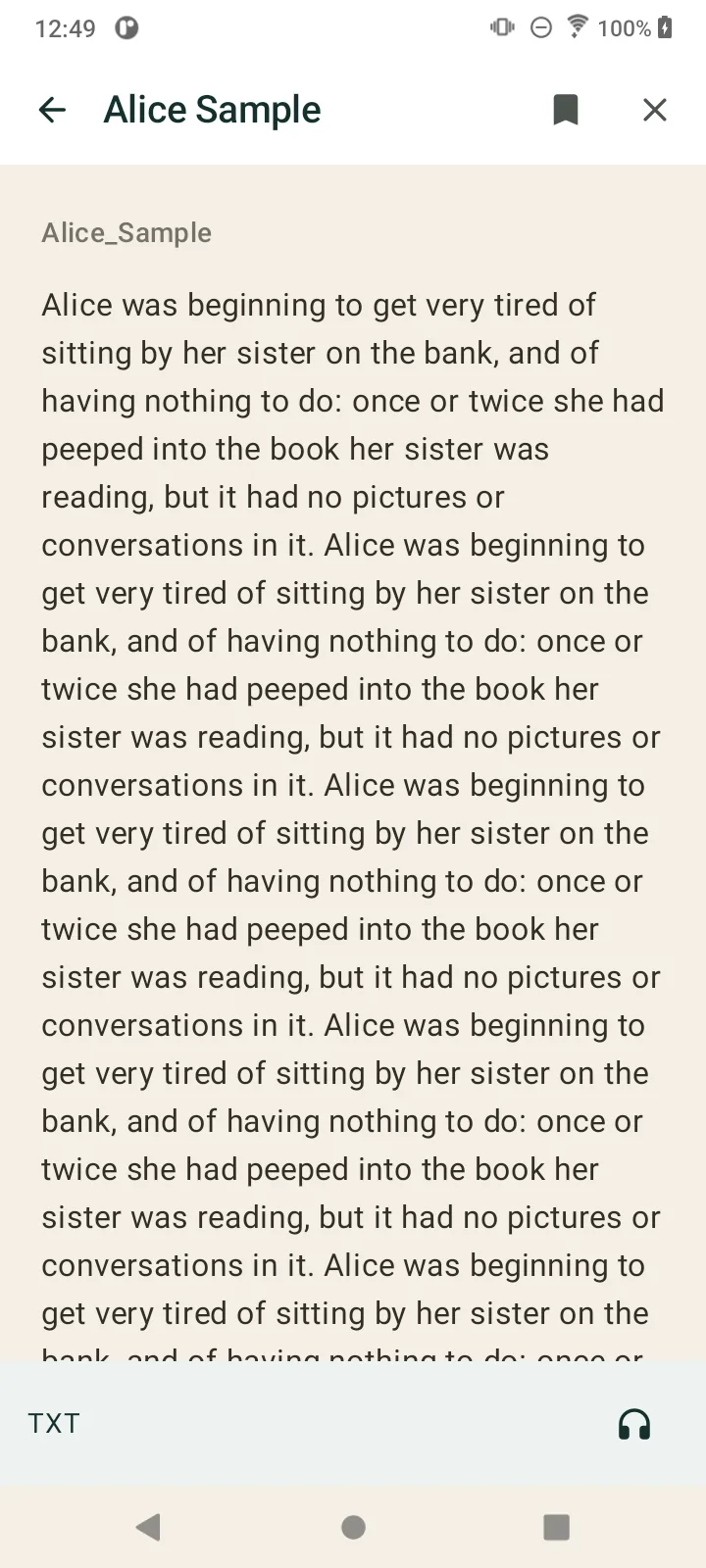 TReader reading view showing an Alice Sample text document with reader controls