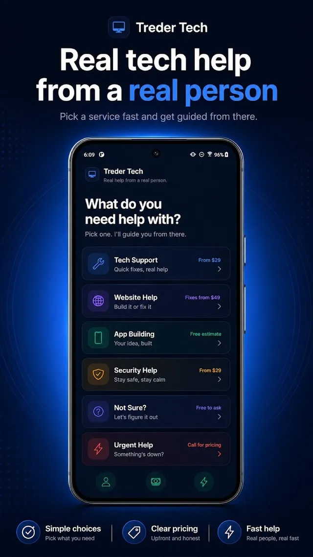 Treder Tech app home screen where you pick what you need help with: tech support, website help, app building, security help, or urgent help