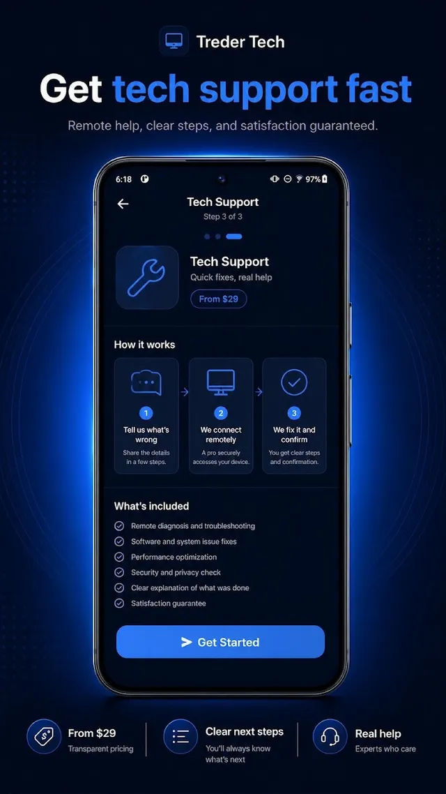 Treder Tech tech support screen explaining how remote help works and what is included
