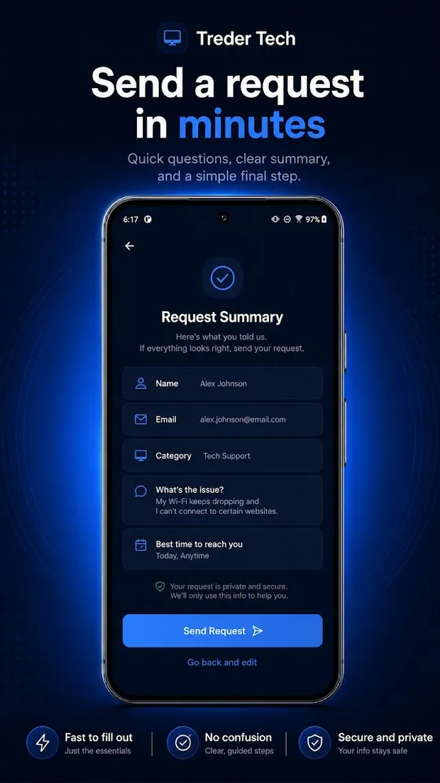 Treder Tech request summary screen shown before sending a help request
