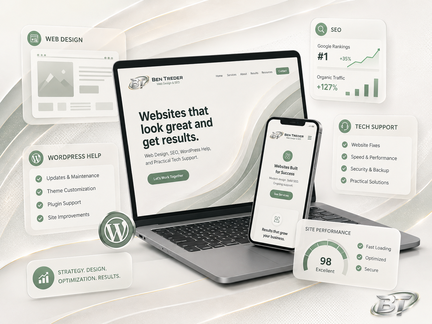Ben Treder web design, SEO, WordPress help, and tech support service showcase