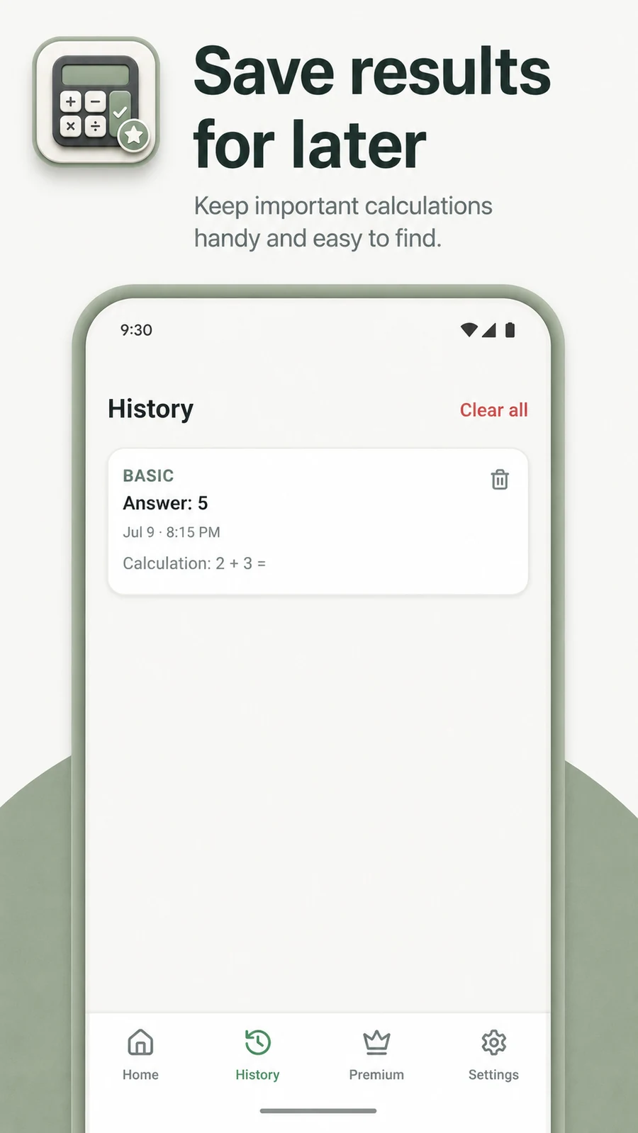 CalcKit Pro saved results history screen