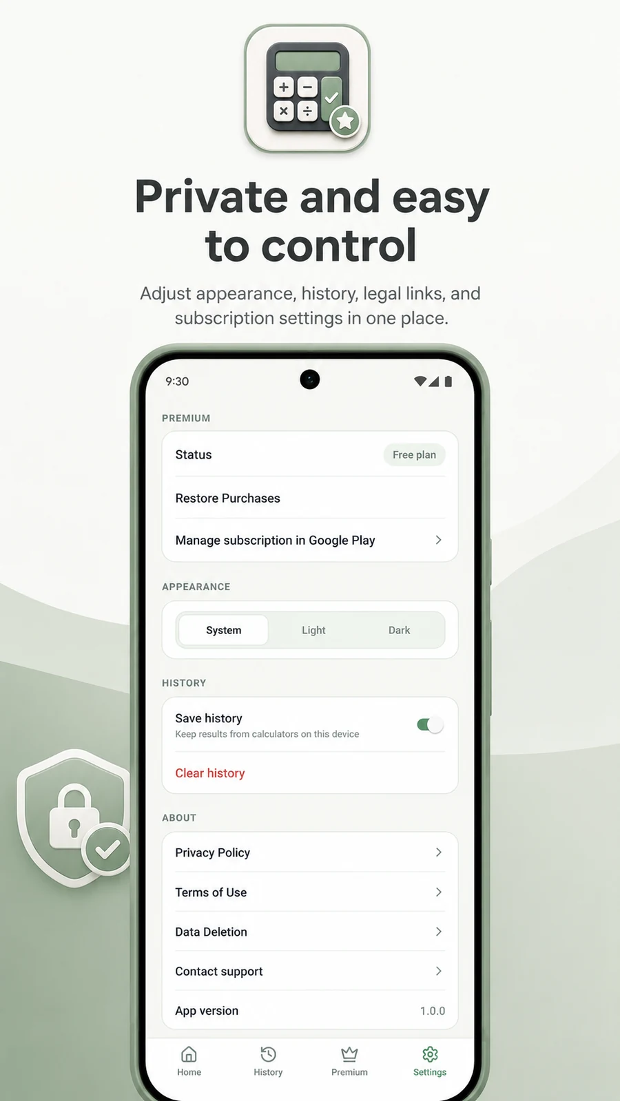 CalcKit Pro privacy and settings screen