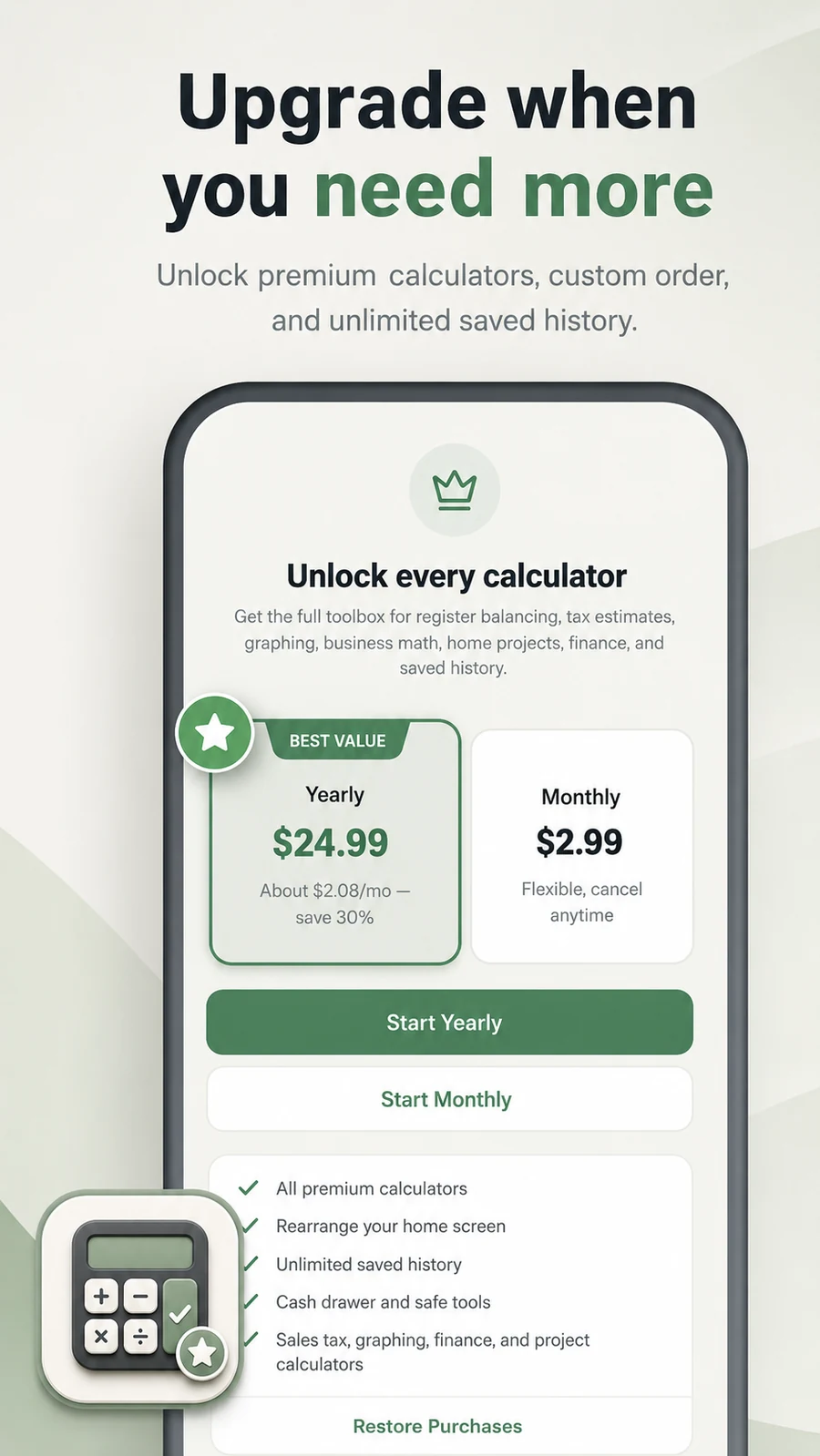 CalcKit Pro monthly or yearly Premium subscription screen