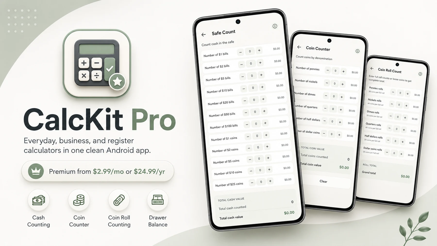 CalcKit Pro Android calculator app with cash counting and register tools