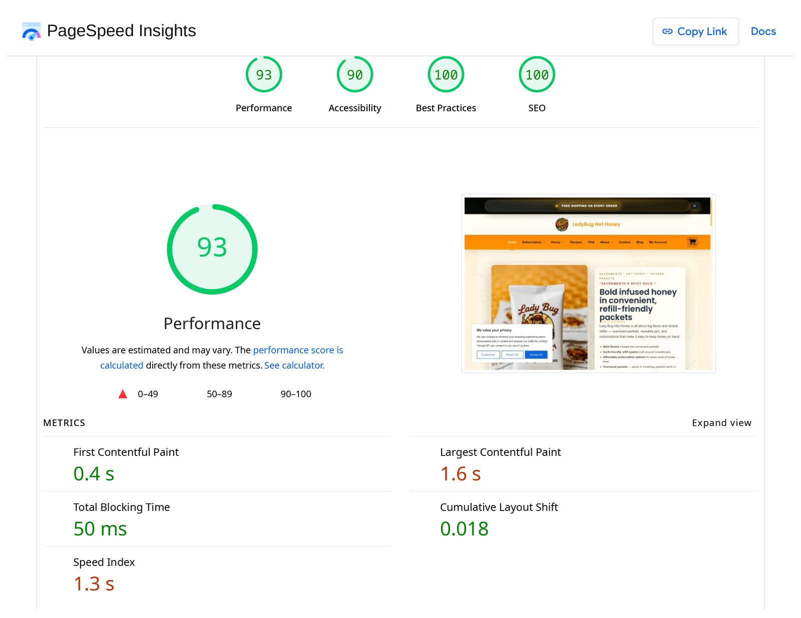PageSpeed Insights report for LadyBugHoney.com showing 93 performance, 90 accessibility, 100 best practices, and 100 SEO