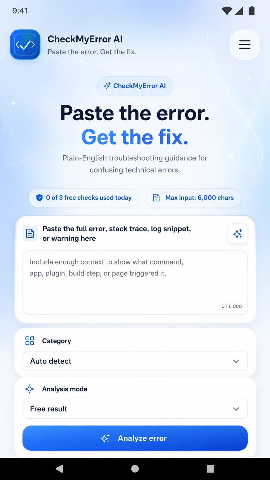 CheckMyError AI homepage with an error input box, category selector, and analysis mode.