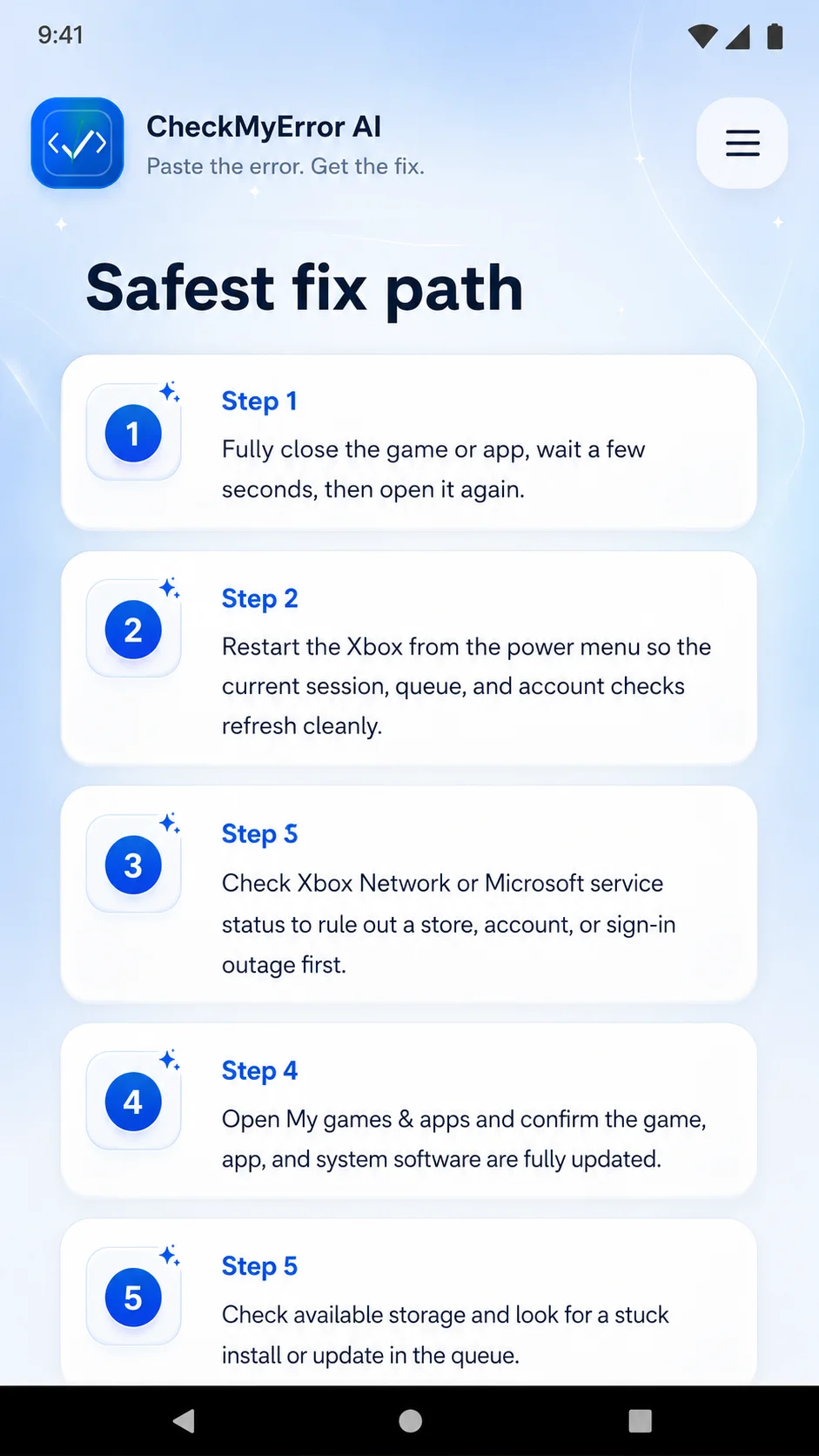 CheckMyError AI safest fix path showing step-by-step troubleshooting guidance.