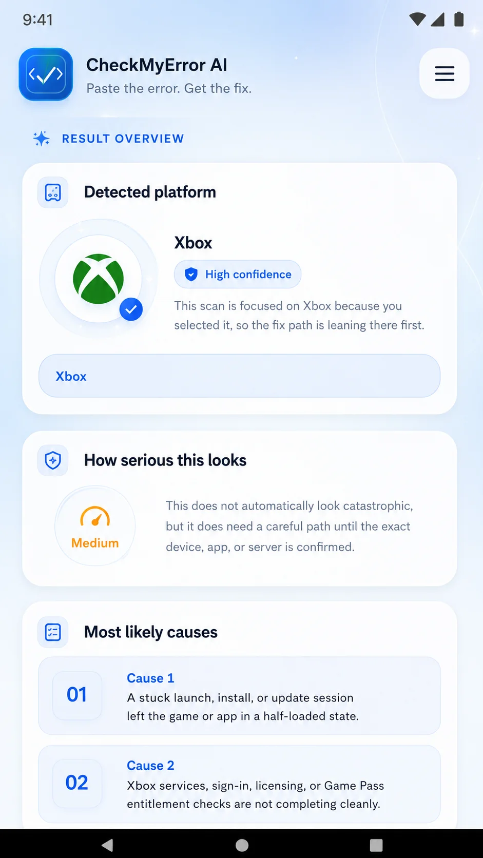CheckMyError AI result overview showing detected platform, severity, and likely causes.