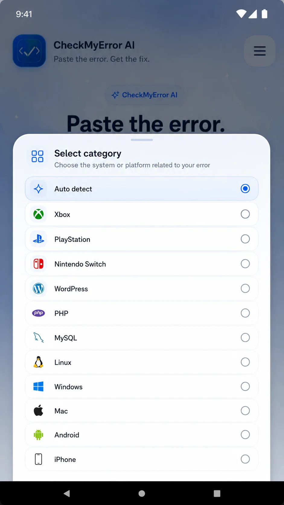 CheckMyError AI category selector with Auto detect, Xbox, PlayStation, WordPress, Windows, and more.