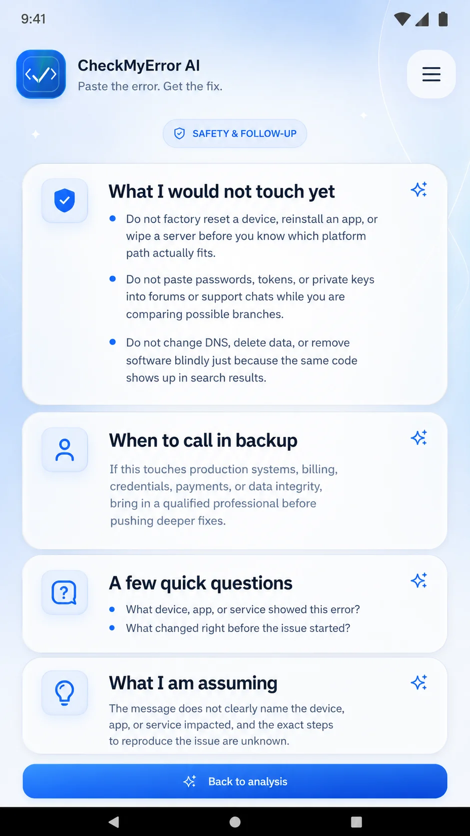 CheckMyError AI safety guidance showing what not to touch and when to call in backup.