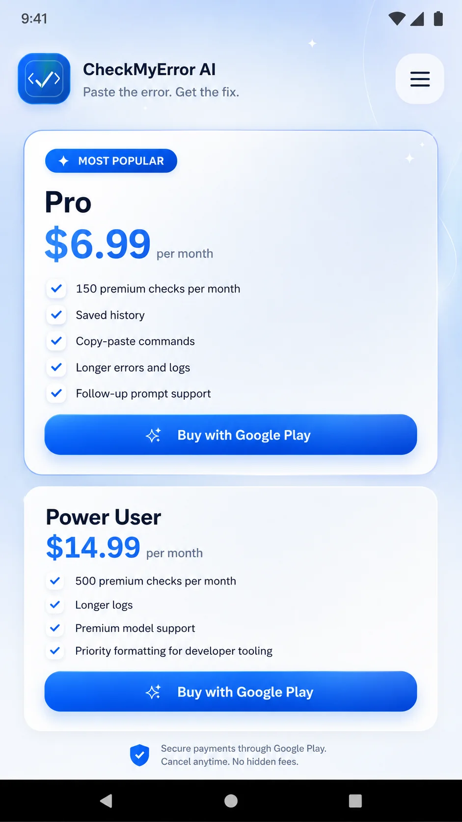 CheckMyError AI pricing page showing Pro and Power User plans with Google Play purchase buttons.