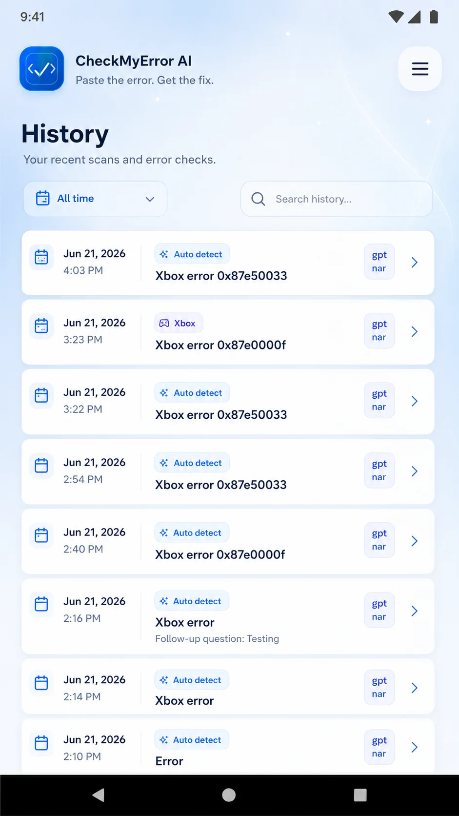 CheckMyError AI history page showing saved error checks and previous scans.