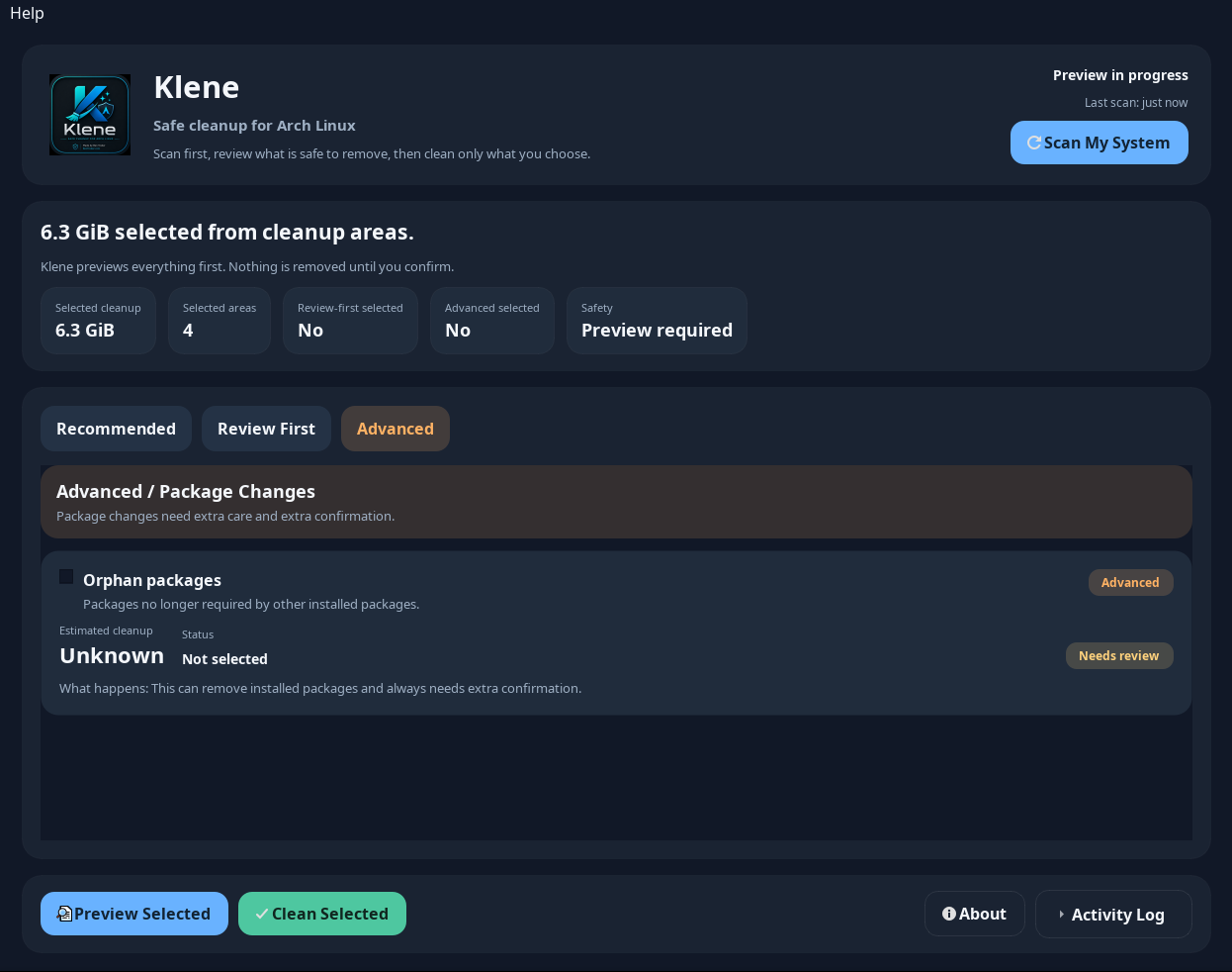 Klene advanced package cleanup tab