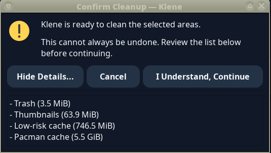 Klene cleanup confirmation dialog