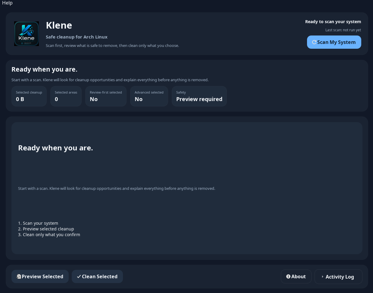 Klene dashboard showing the scan workflow