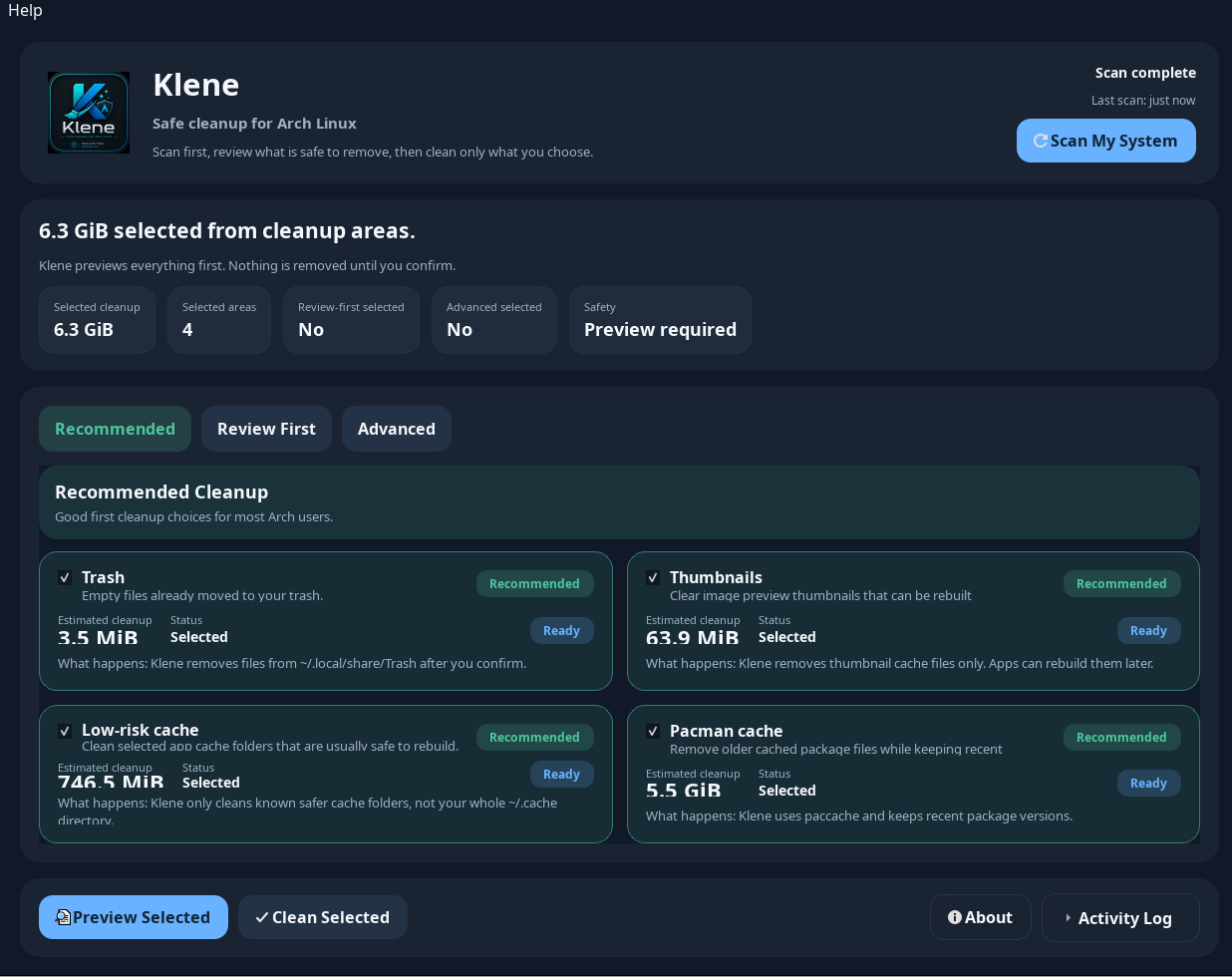 Klene recommended cleanup categories