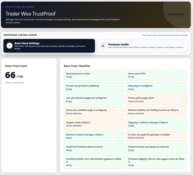 Treder Woo TrustProof Premium base store settings dashboard in the WooCommerce admin