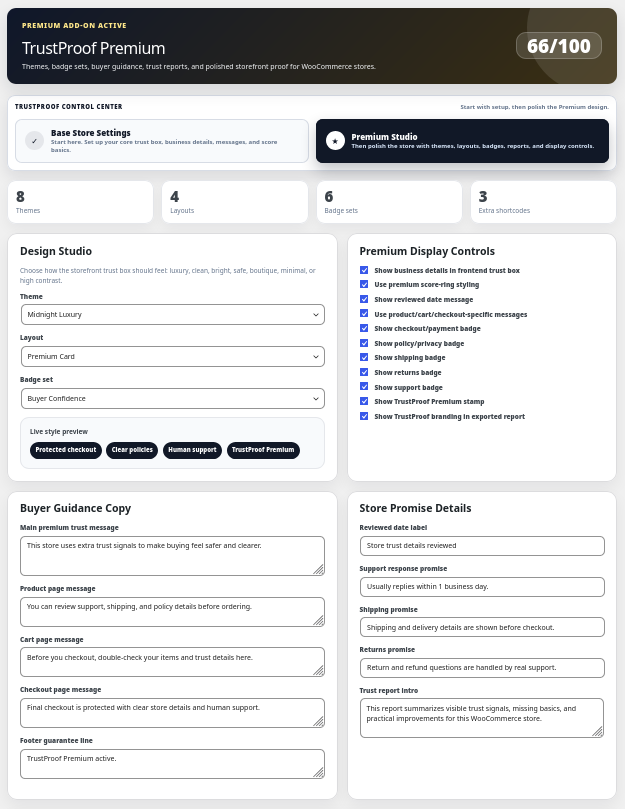 Treder Woo TrustProof Premium Studio design controls for themes, layouts, and badge sets