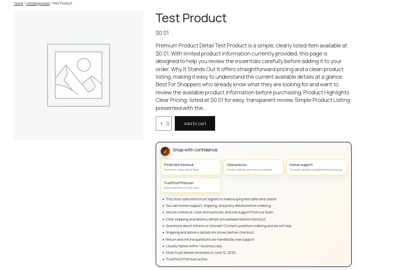 Treder Woo TrustProof storefront product page trust box shown to shoppers