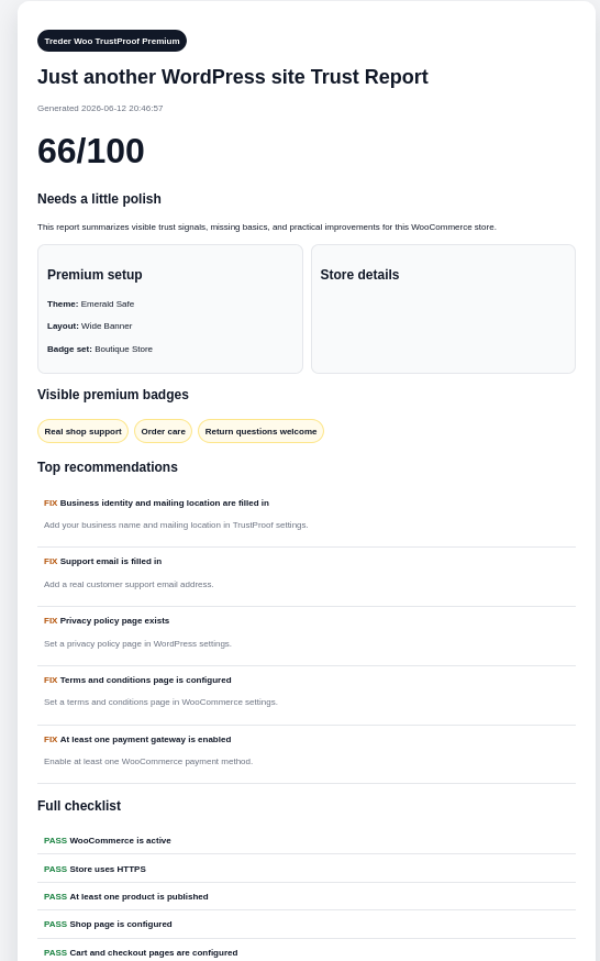 Treder Woo TrustProof Premium exportable HTML trust report with score and checklist