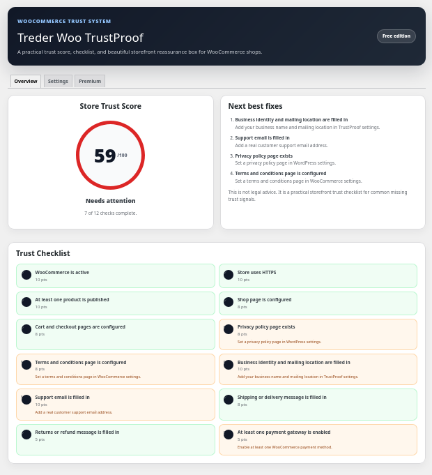 Treder Woo TrustProof free plugin admin overview showing trust score and trust settings in the WordPress dashboard