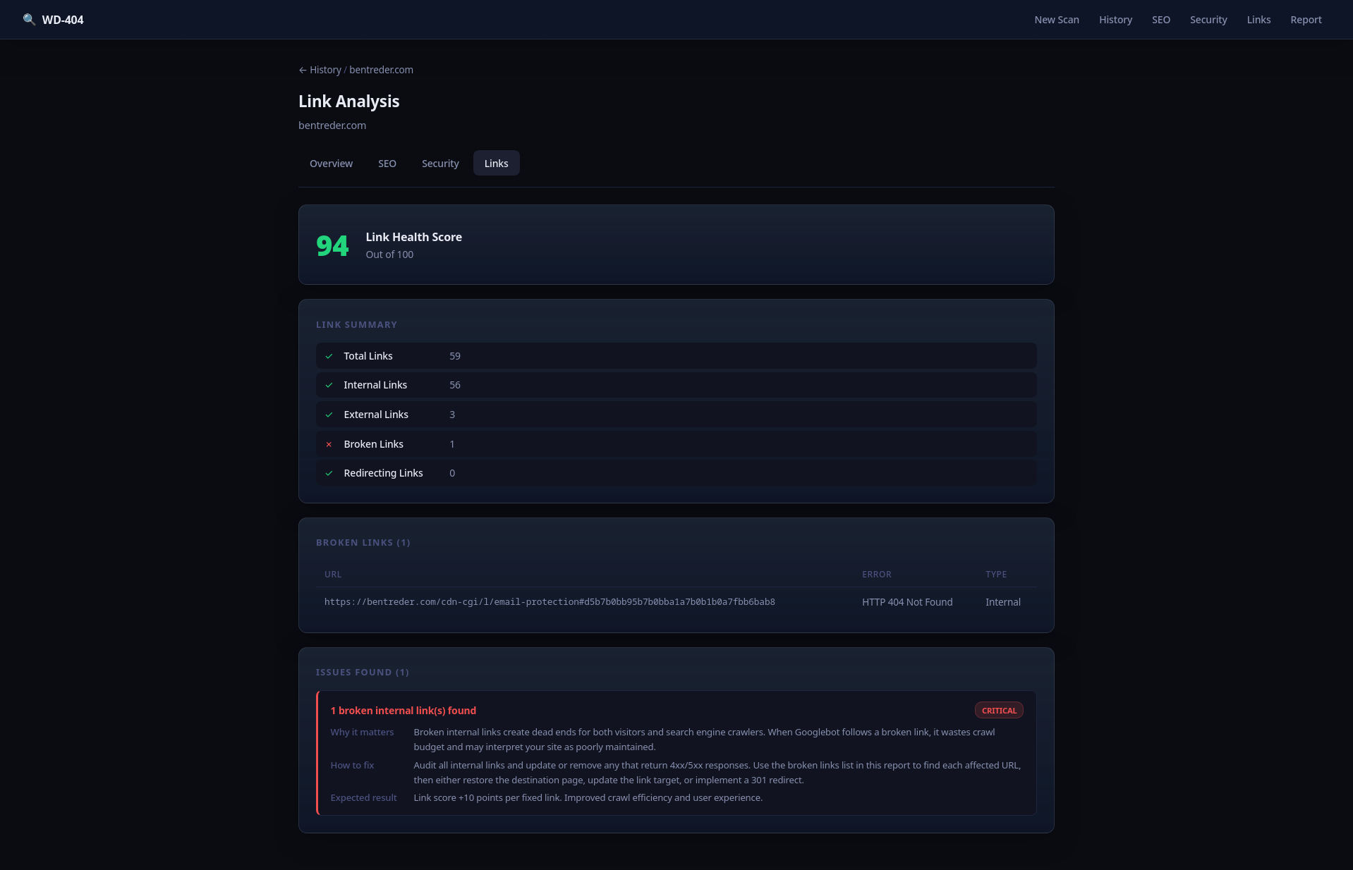 WD-404 link analysis detail page