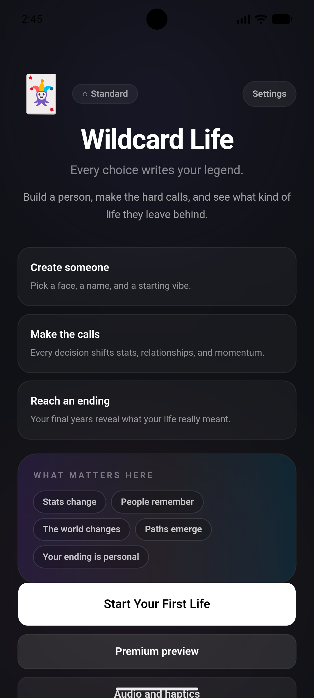 Wildcard Life start screen showing the title, tagline, and Start Your First Life button