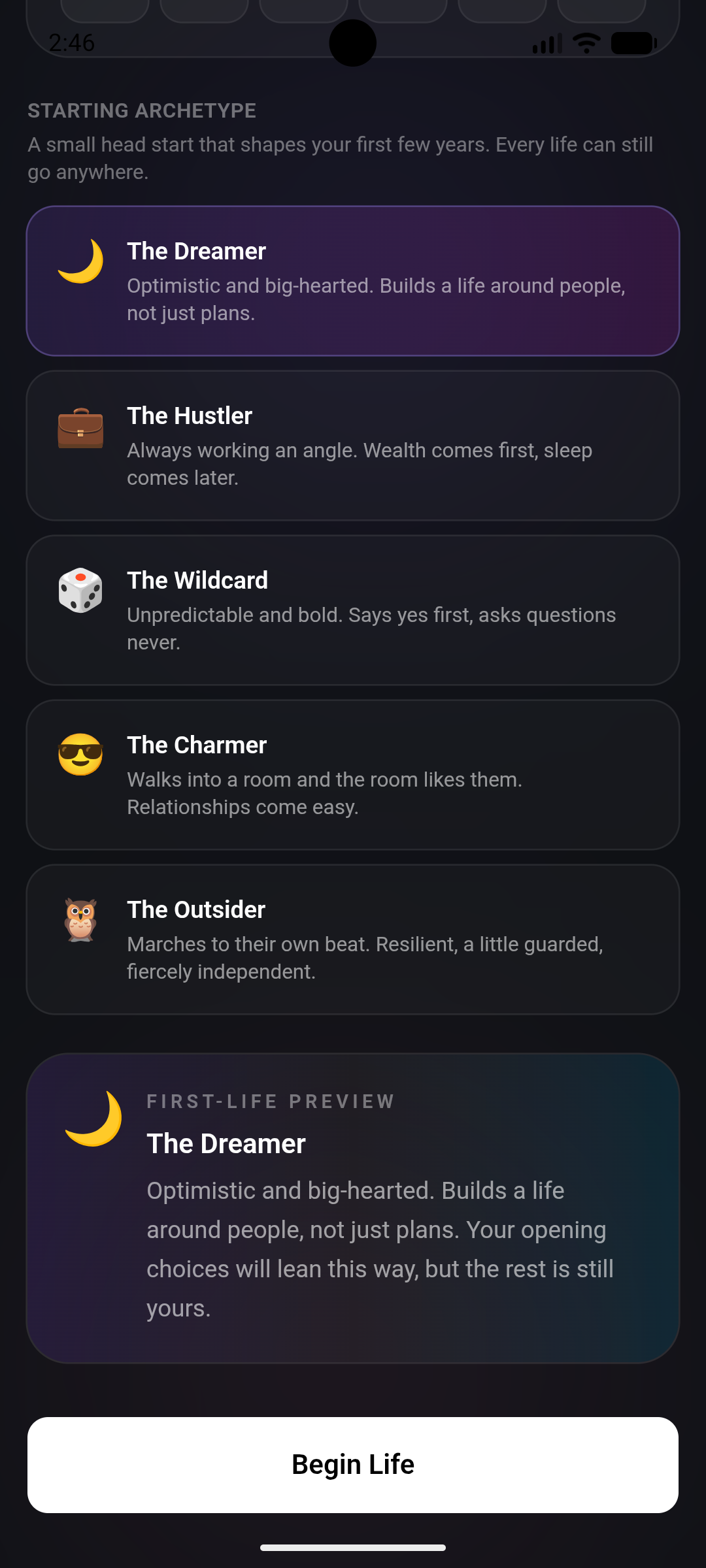 Wildcard Life character creation screen with starting archetypes