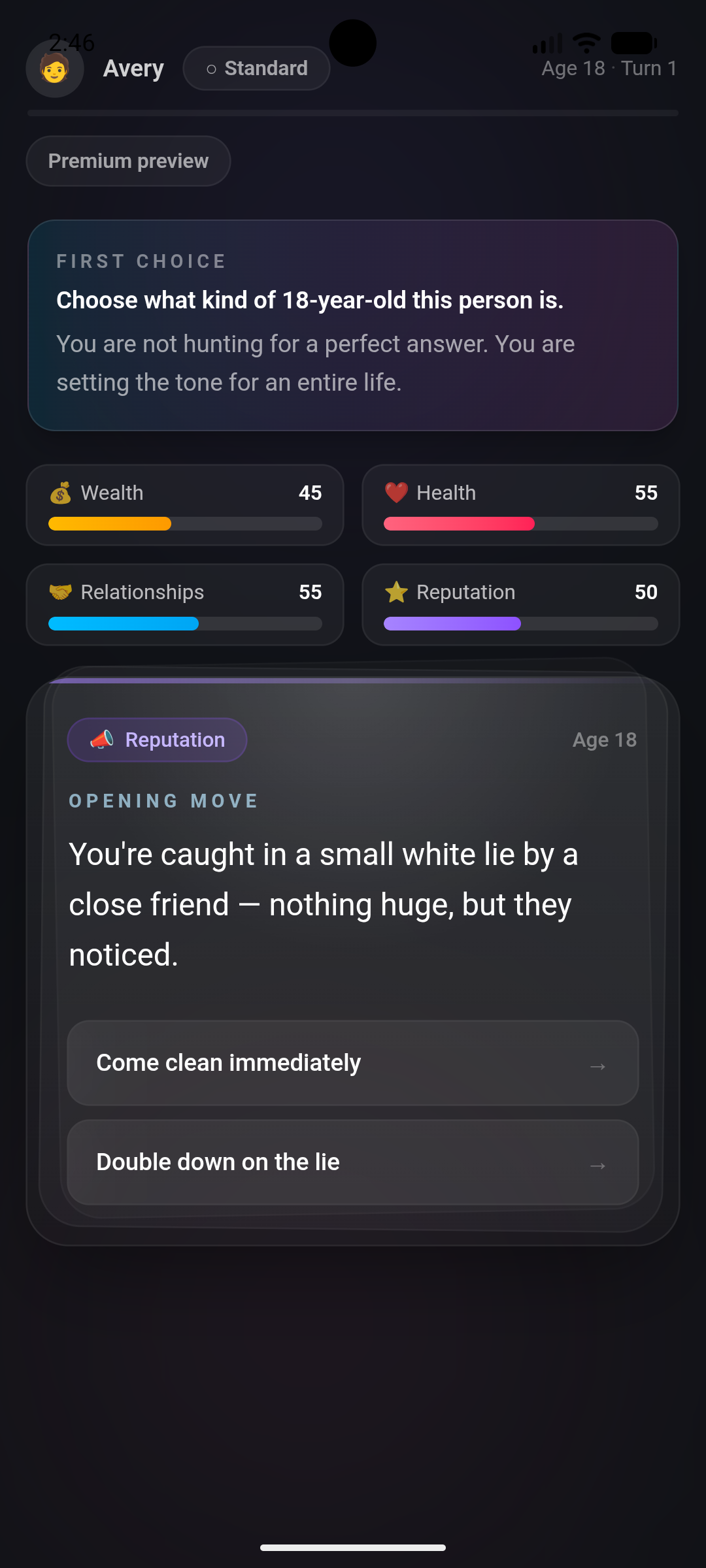 Wildcard Life decision card with four life stats