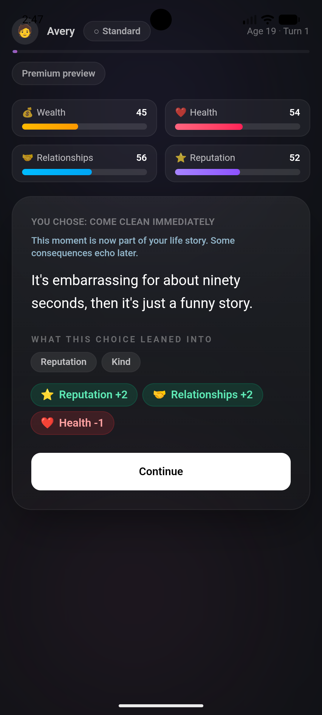Wildcard Life result screen showing stat changes after a choice