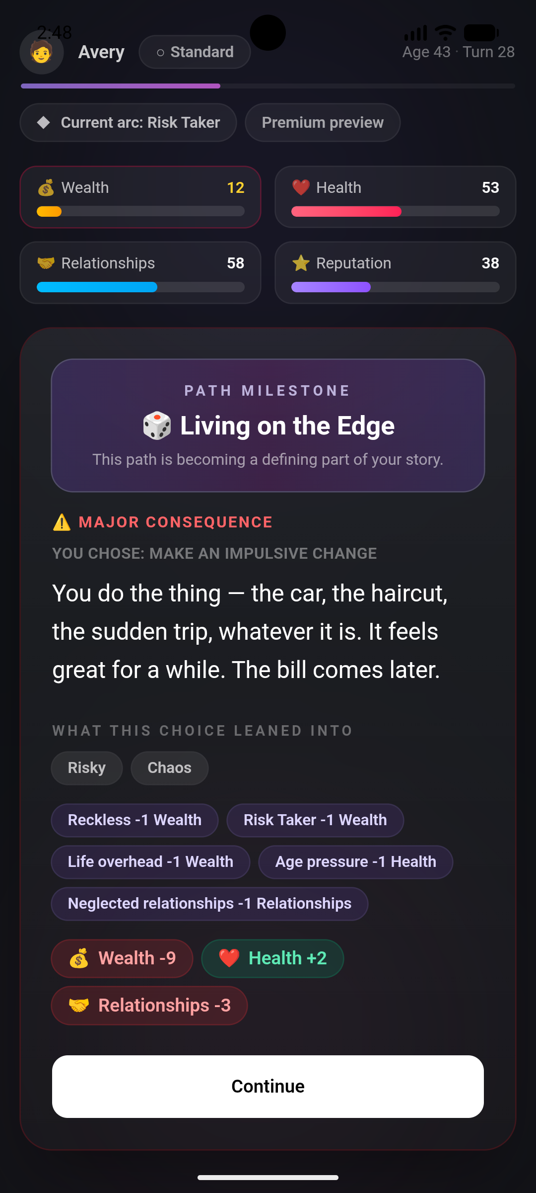 Wildcard Life path milestone screen for a Risk Taker arc