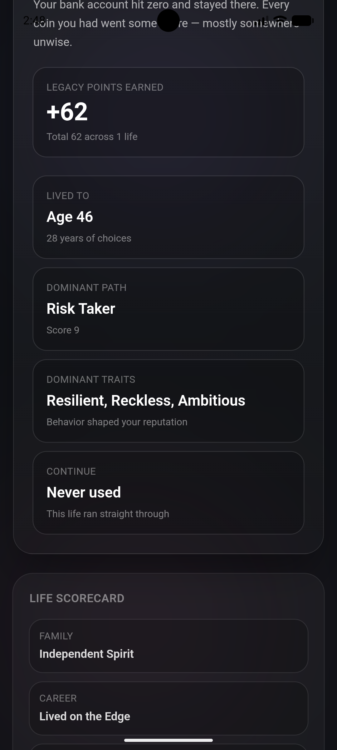 Wildcard Life recap screen with legacy points and dominant traits