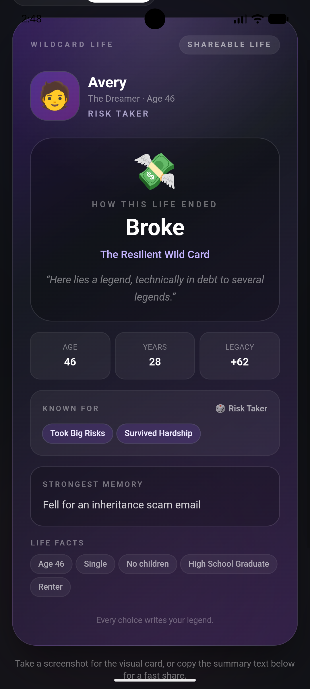Wildcard Life share card summarizing a finished life