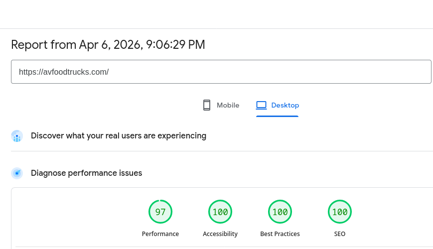 Lighthouse report for AVFoodTrucks.com showing performance, accessibility, best practices, and SEO scores.