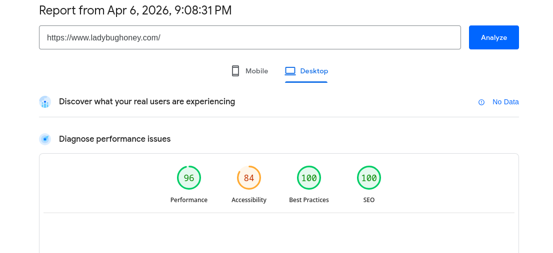 Lighthouse report for LadyBugHoney.com showing performance, accessibility, best practices, and SEO scores.