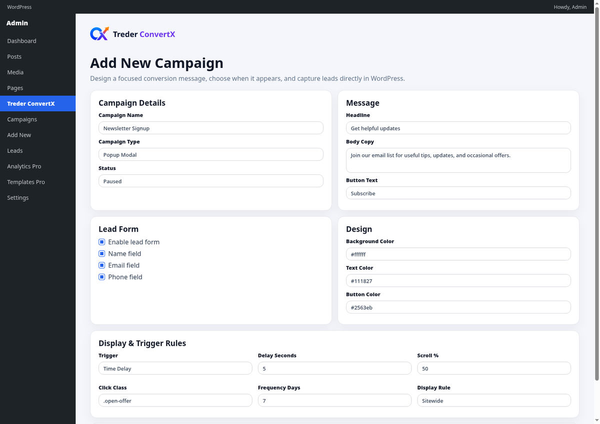 Campaign builder with message, lead form, design, trigger, and display rule controls