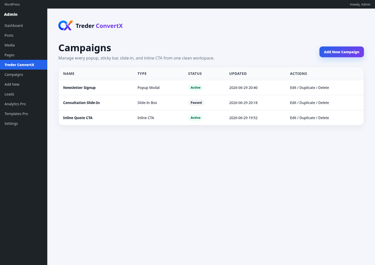 Campaign list in the WordPress admin