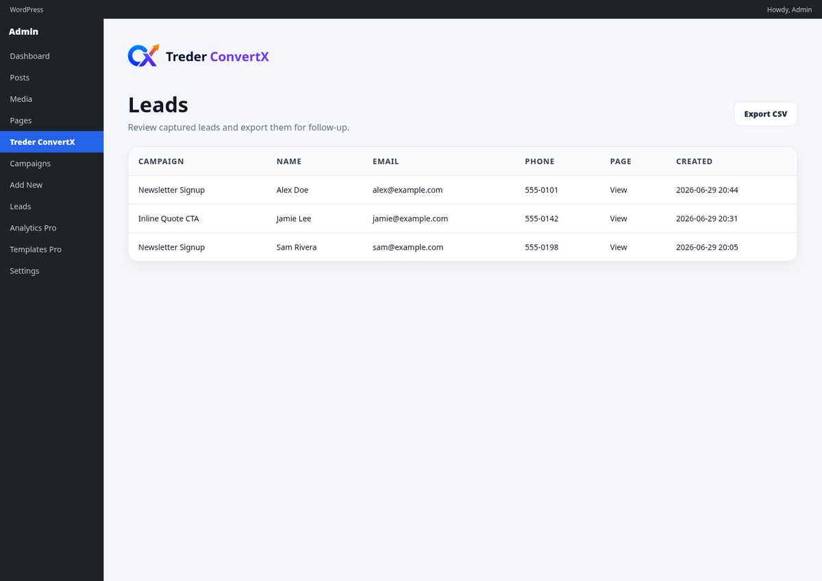 Leads page with local lead storage and CSV export